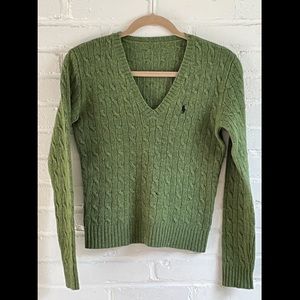 Polo by Ralph Lauren Green Cable Knit V-Neck Sweater